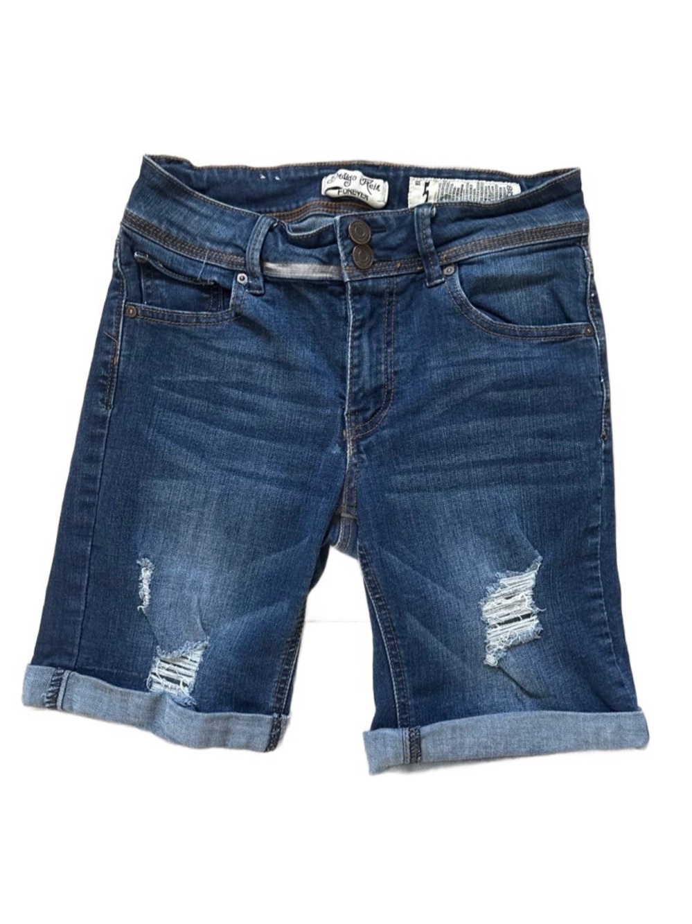 Dark Blue Distressed Roll-Cuff Denim Shorts
